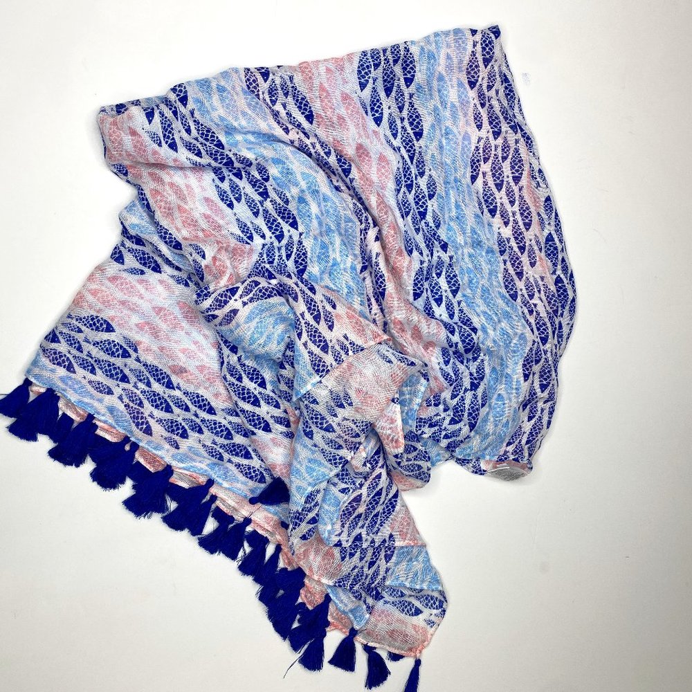 Target NWOT, white, pink, navy, light blue fish patterned scarf/shawl w/fringe